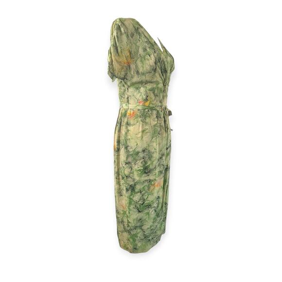 Vintage 30s - 40s Marbled Green Silk Dress with matching belt - Picture 5 of 10